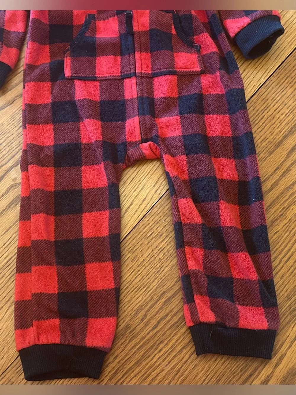 Carter's Red and Black Buffalo Plaid Hooded Fleece Zip Jumpsuit